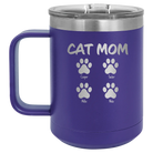 Personalized purple 15 oz vacuum insulated coffee mug with 'Cat Dog Mom Dad 4 paws' design