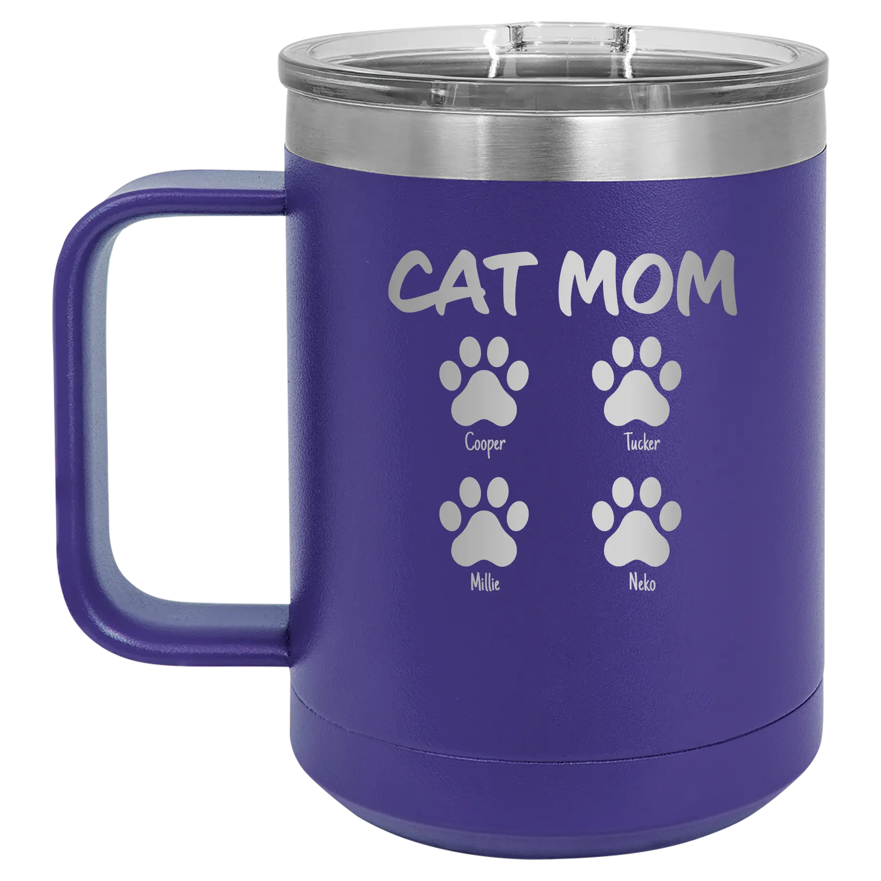 Personalized purple 15 oz vacuum insulated coffee mug with 'Cat Dog Mom Dad 4 paws' design