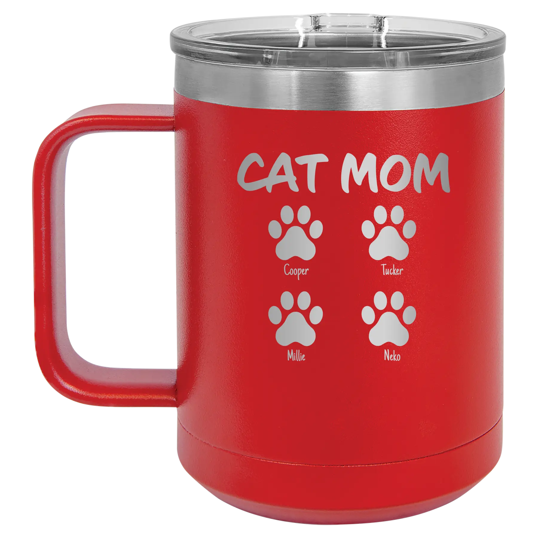 Personalized red 15 oz vacuum insulated coffee mug with 'Cat Dog Mom Dad 4 paws' design
