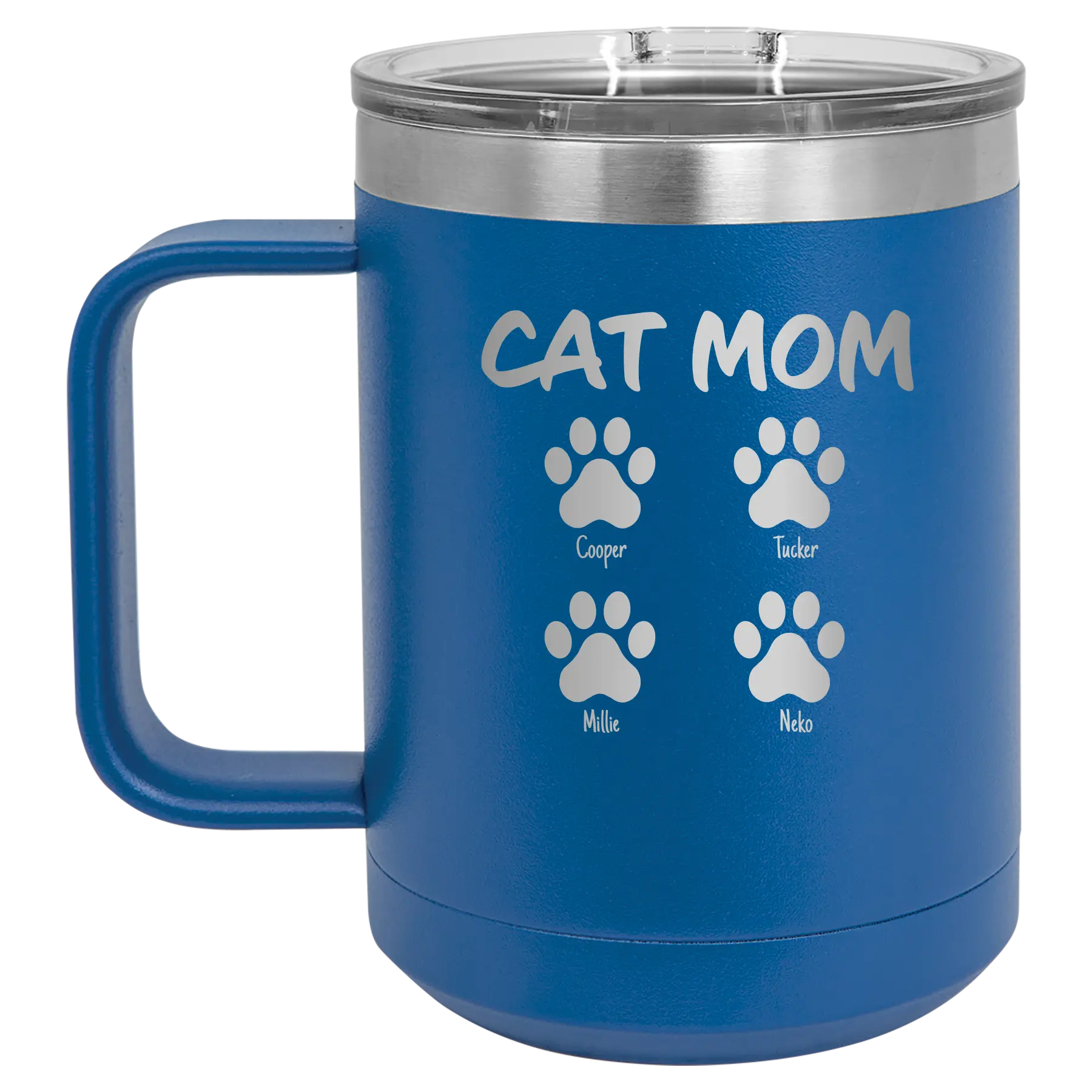 Personalized royal blue 15 oz vacuum insulated coffee mug with 'Cat Dog Mom Dad 4 paws' design