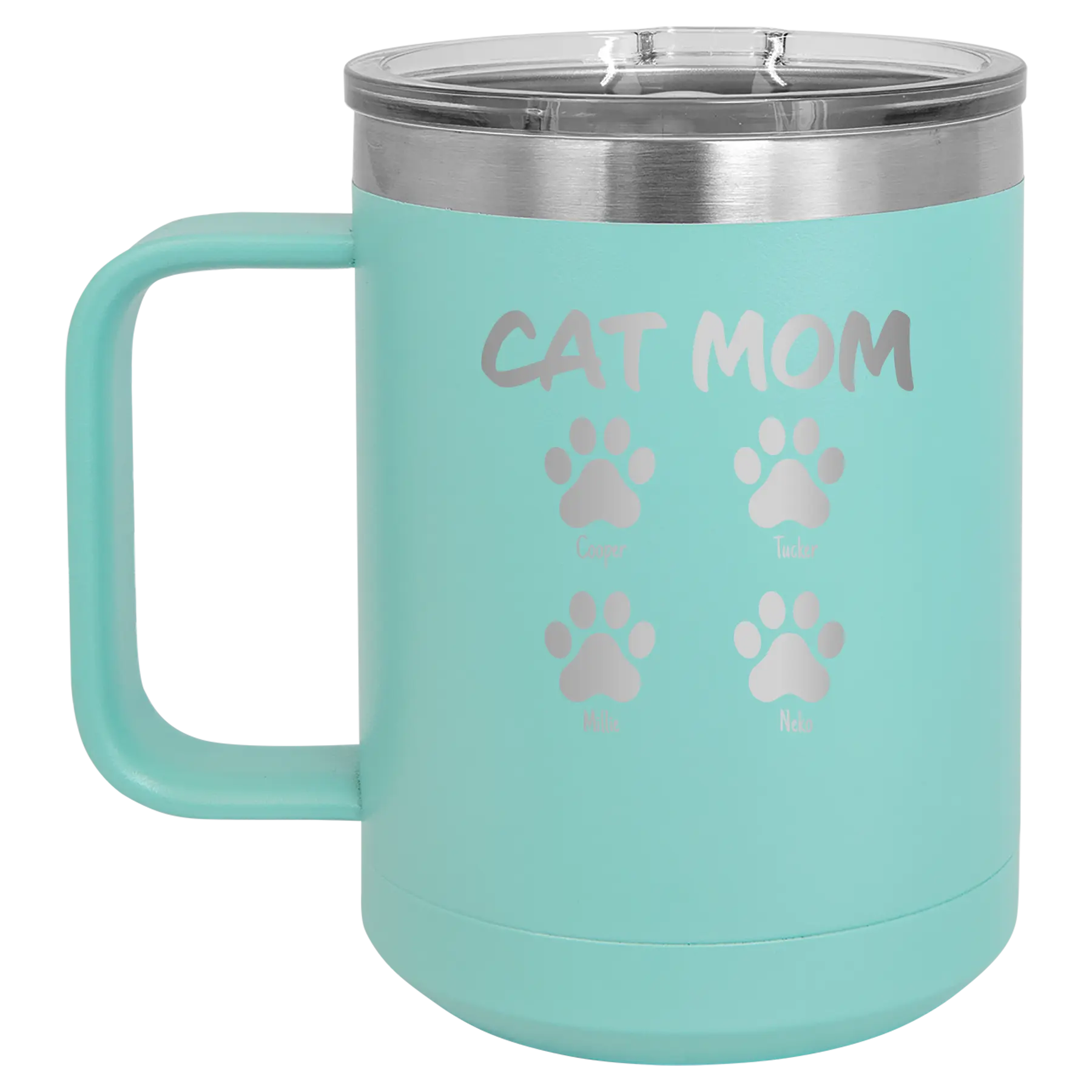 Personalized teal 15 oz vacuum insulated coffee mug with 'Cat Dog Mom Dad 4 paws' design
