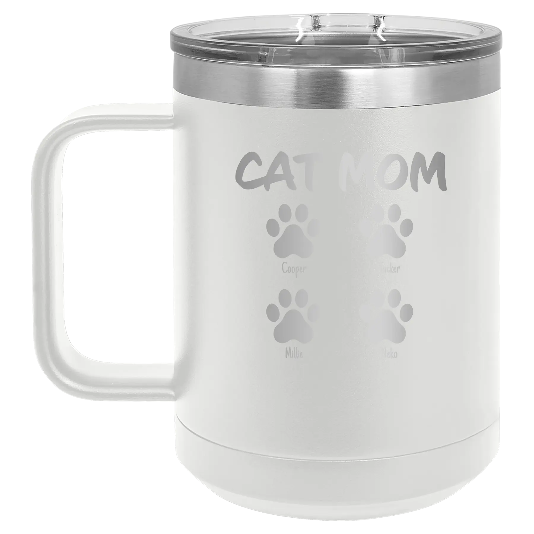 Personalized white 15 oz vacuum insulated coffee mug with 'Cat Dog Mom Dad 4 paws' design