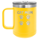 Personalized yellow 15 oz vacuum insulated coffee mug with 'Cat Dog Mom Dad 4 paws' design