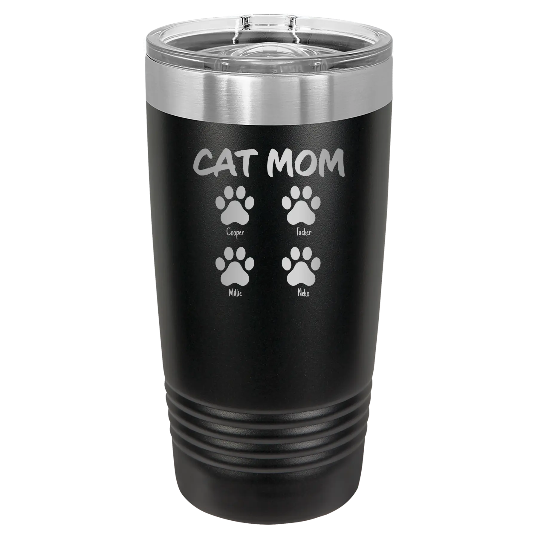 Personalized black 20 oz vacuum insulated tumbler with 'Cat Dog Mom Dad 4 paws' design