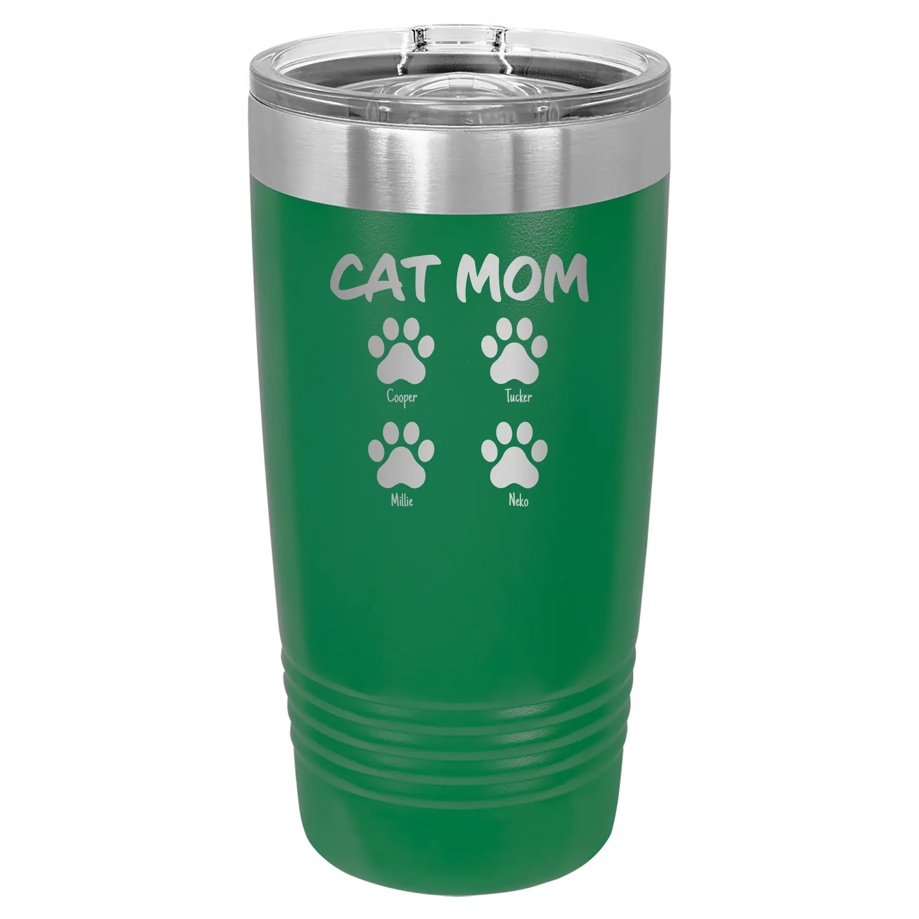 Personalized green 20 oz vacuum insulated tumbler with 'Cat Dog Mom Dad 4 paws' design