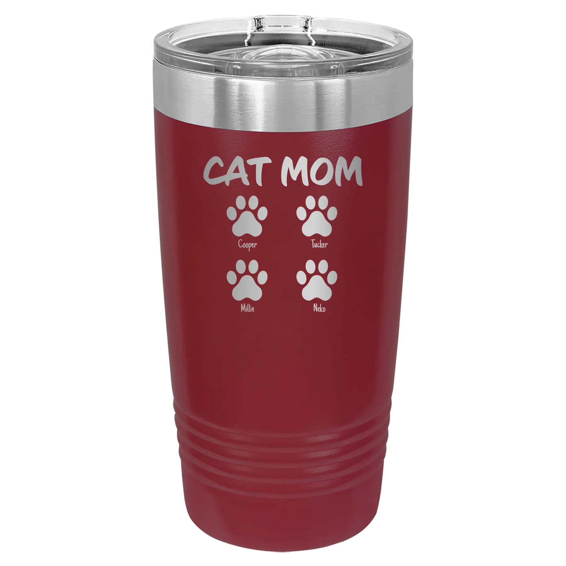 Personalized maroon 20 oz vacuum insulated tumbler with 'Cat Dog Mom Dad 4 paws' design