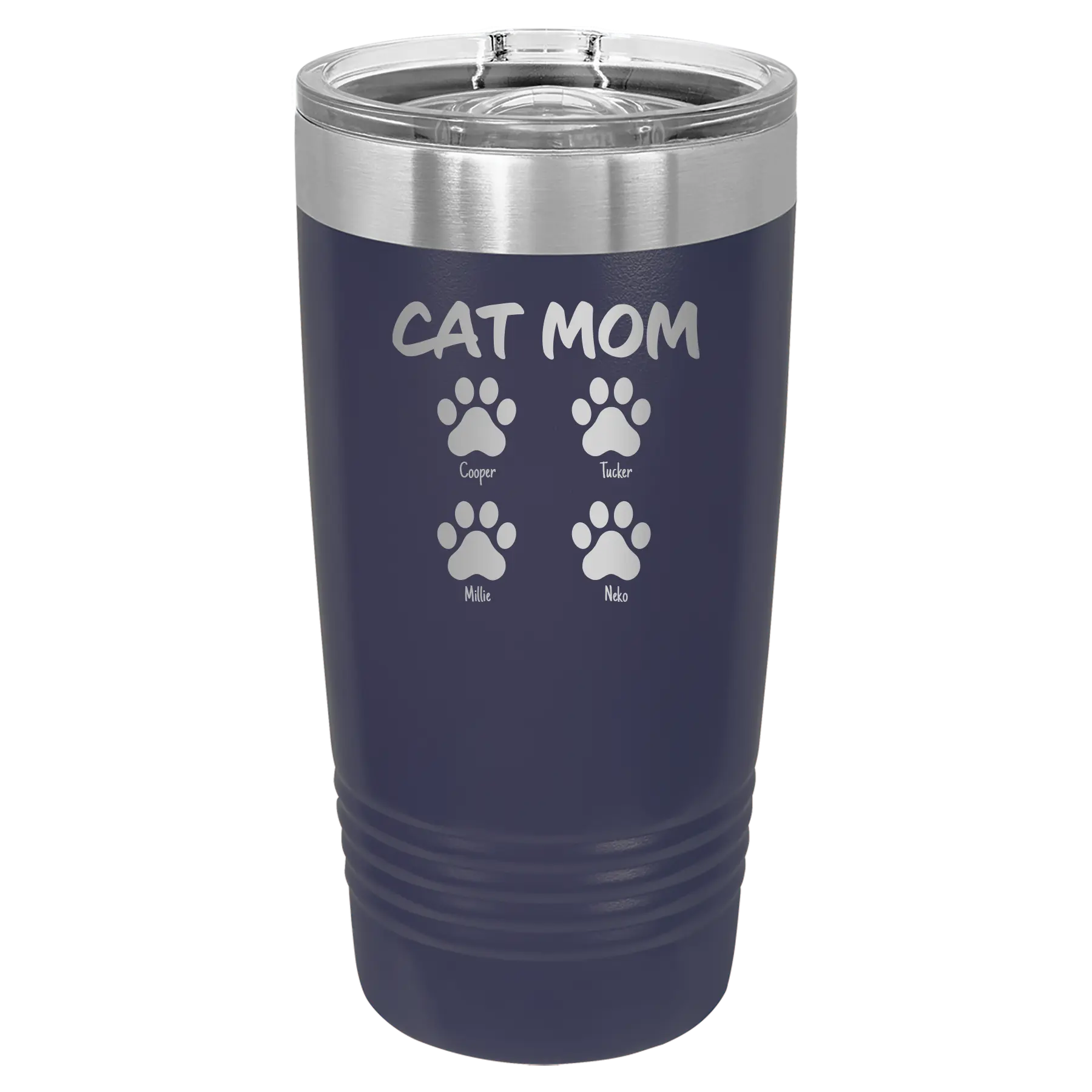 Personalized navy 20 oz vacuum insulated tumbler with 'Cat Dog Mom Dad 4 paws' design