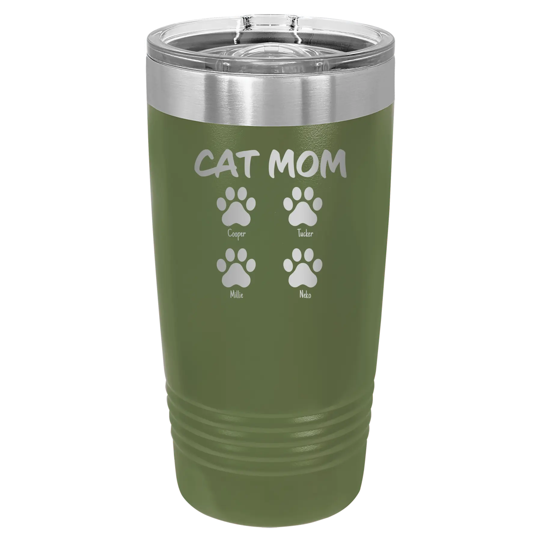 Personalized olive green 20 oz vacuum insulated tumbler with 'Cat Dog Mom Dad 4 paws' design