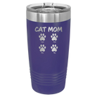 Personalized purple 20 oz vacuum insulated tumbler with 'Cat Dog Mom Dad 4 paws' design