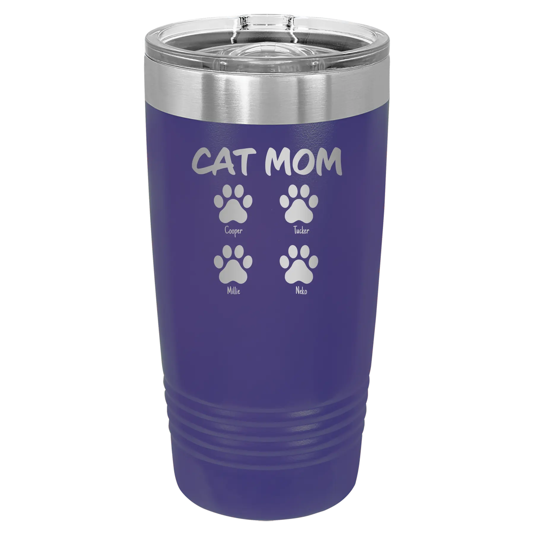 Personalized purple 20 oz vacuum insulated tumbler with 'Cat Dog Mom Dad 4 paws' design