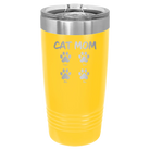 Personalized yellow 20 oz vacuum insulated tumbler with 'Cat Dog Mom Dad 4 paws' design