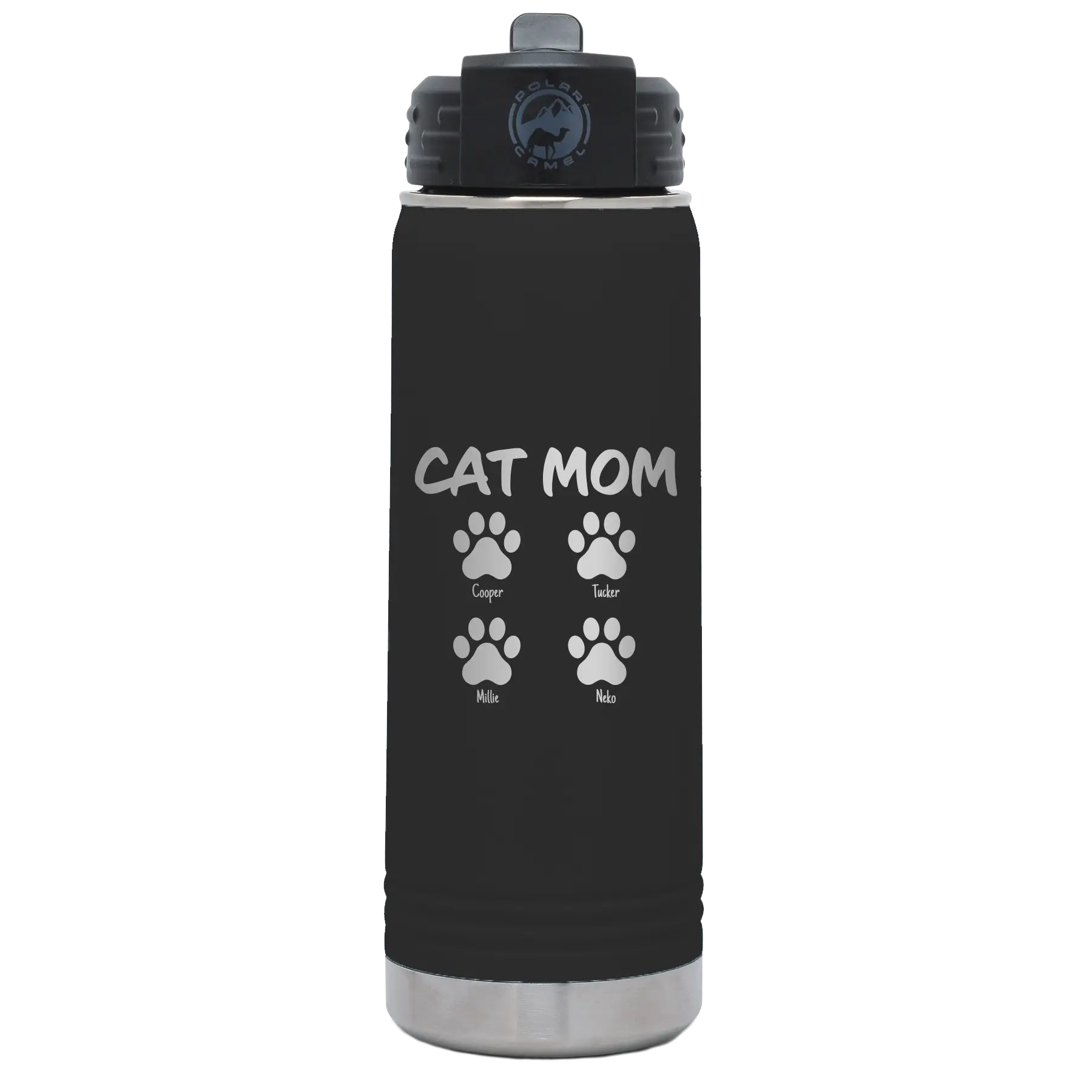 Personalized black 20 oz vacuum insulated water bottle with 'Cat Dog Mom Dad 4 paws' design