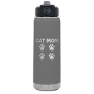 Personalized dark gray 20 oz vacuum insulated water bottle with 'Cat Dog Mom Dad 4 paws' design