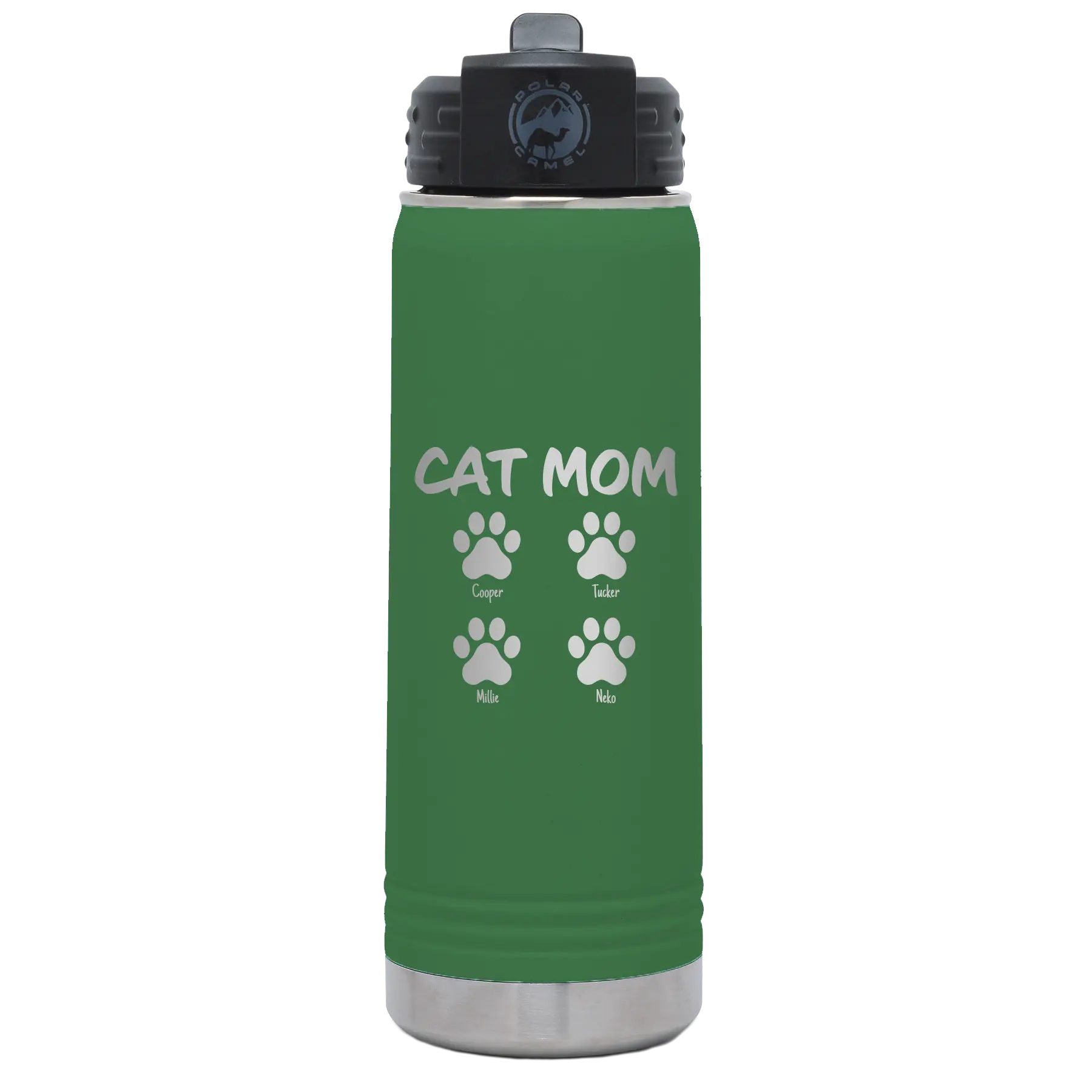 Personalized green 20 oz vacuum insulated water bottle with 'Cat Dog Mom Dad 4 paws' design