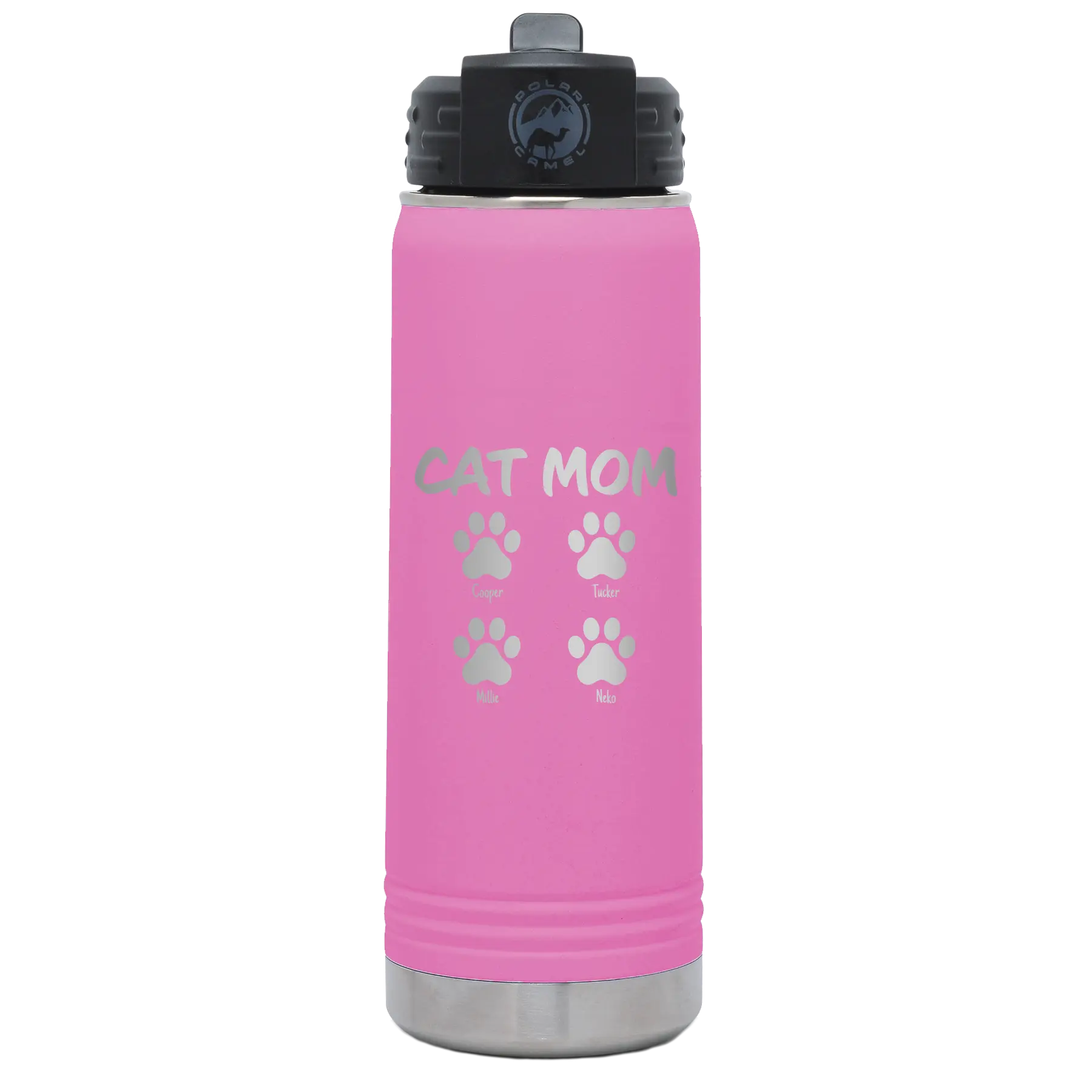 Personalized light purple 20 oz vacuum insulated water bottle with 'Cat Dog Mom Dad 4 paws' design