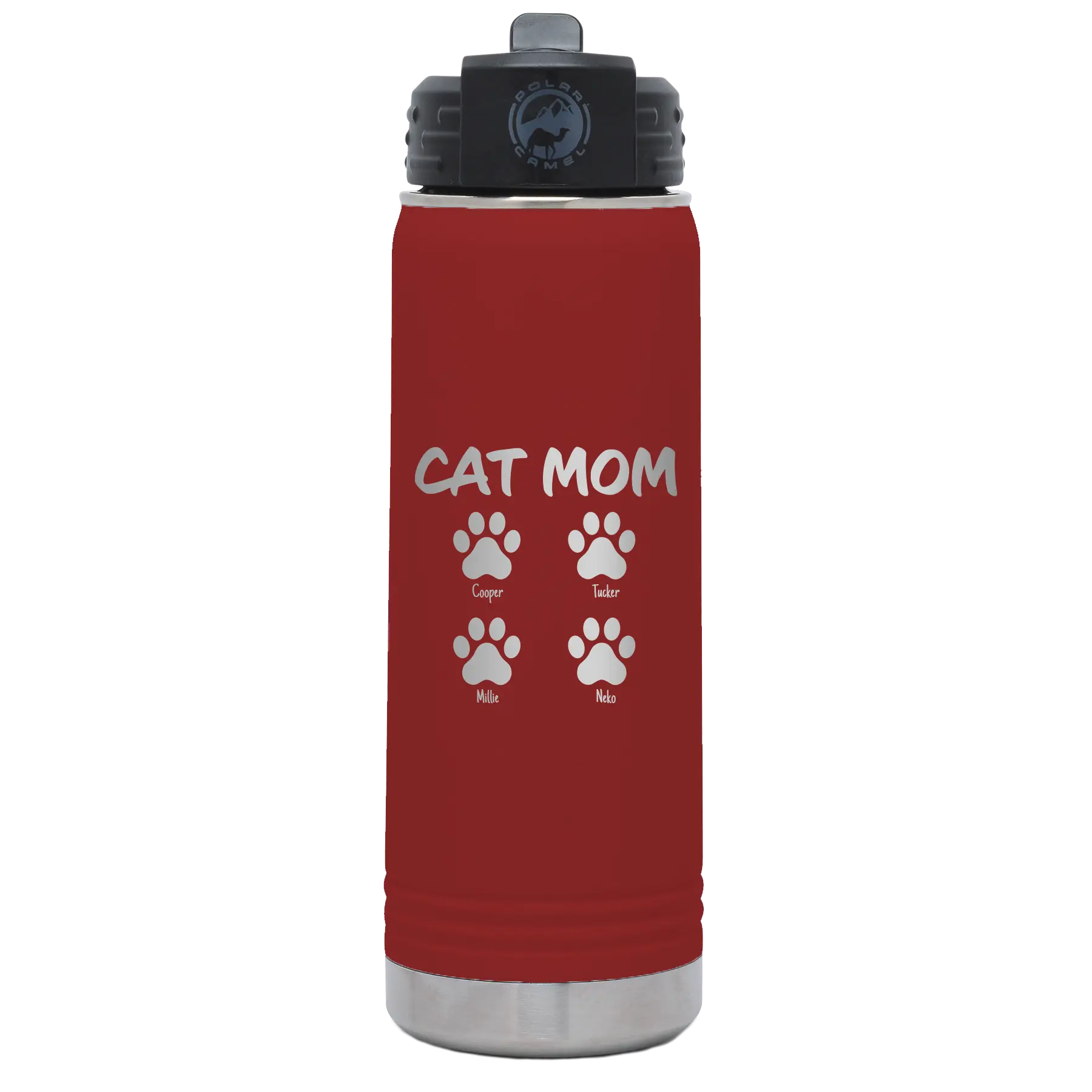 Personalized maroon 20 oz vacuum insulated water bottle with 'Cat Dog Mom Dad 4 paws' design