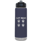 Personalized navy 20 oz vacuum insulated water bottle with 'Cat Dog Mom Dad 4 paws' design