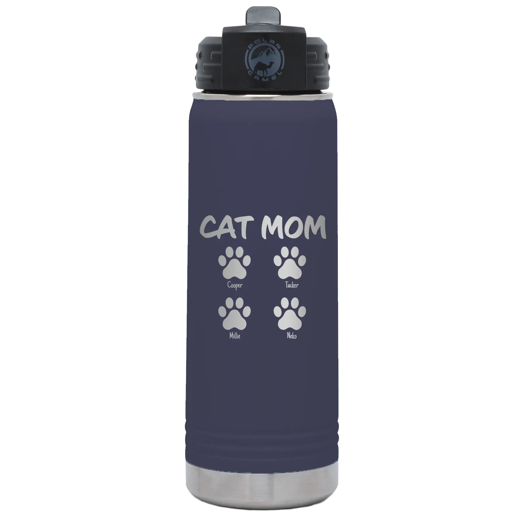 Personalized navy 20 oz vacuum insulated water bottle with 'Cat Dog Mom Dad 4 paws' design