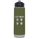 Personalized olive green 20 oz vacuum insulated water bottle with 'Cat Dog Mom Dad 4 paws' design