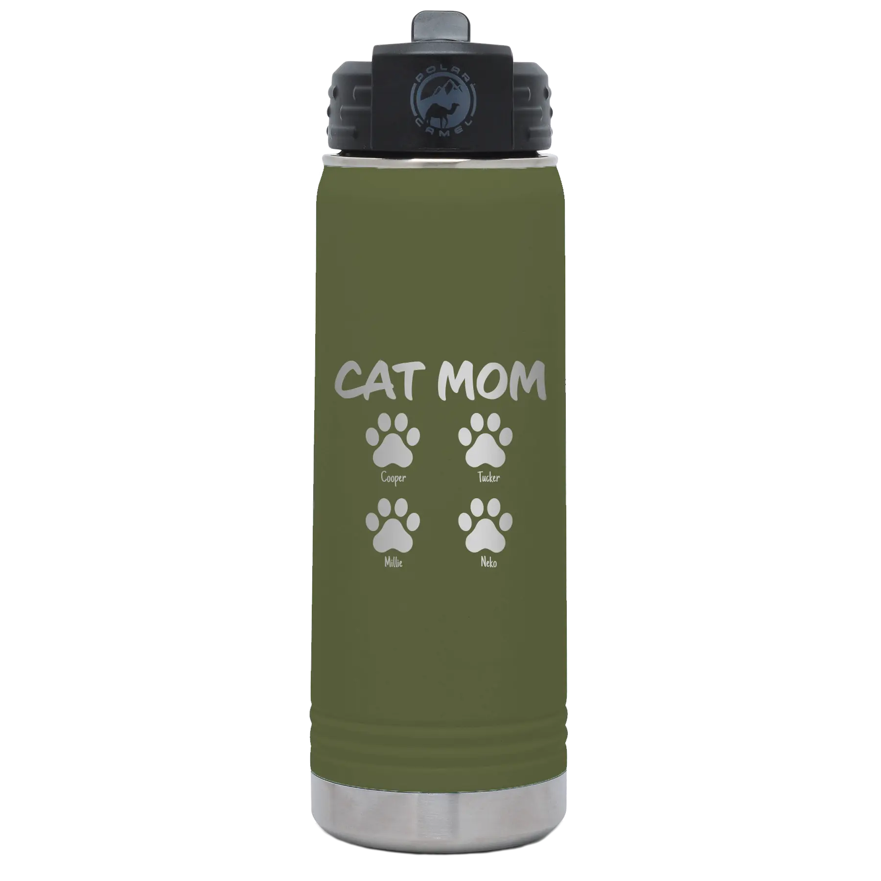 Personalized olive green 20 oz vacuum insulated water bottle with 'Cat Dog Mom Dad 4 paws' design