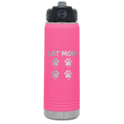 Personalized pink 20 oz vacuum insulated water bottle with 'Cat Dog Mom Dad 4 paws' design