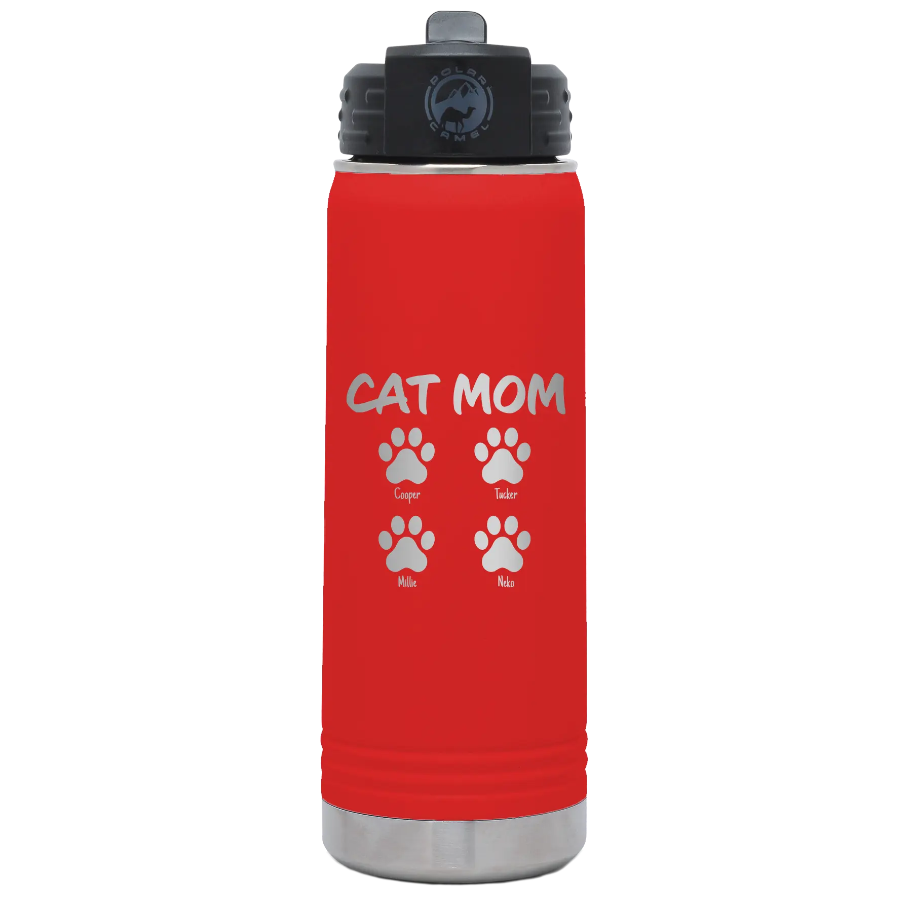 Personalized red 20 oz vacuum insulated water bottle with 'Cat Dog Mom Dad 4 paws' design