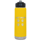 Personalized yellow 20 oz vacuum insulated water bottle with 'Cat Dog Mom Dad 4 paws' design