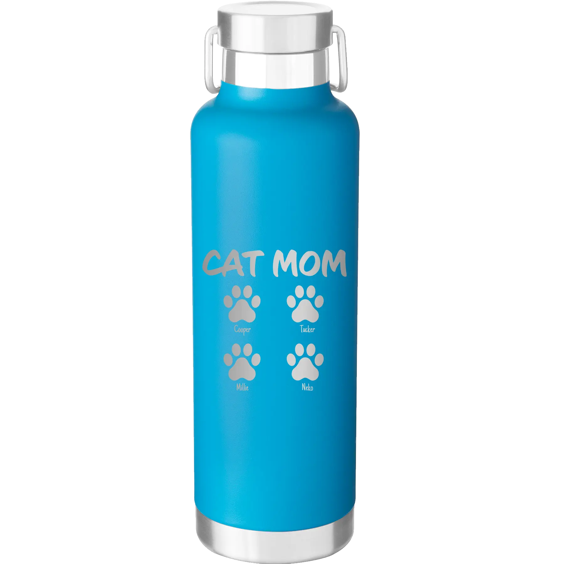 Personalized aqua 24 oz vacuum insulated water bottle with 'Cat Dog Mom Dad 4 paws' design
