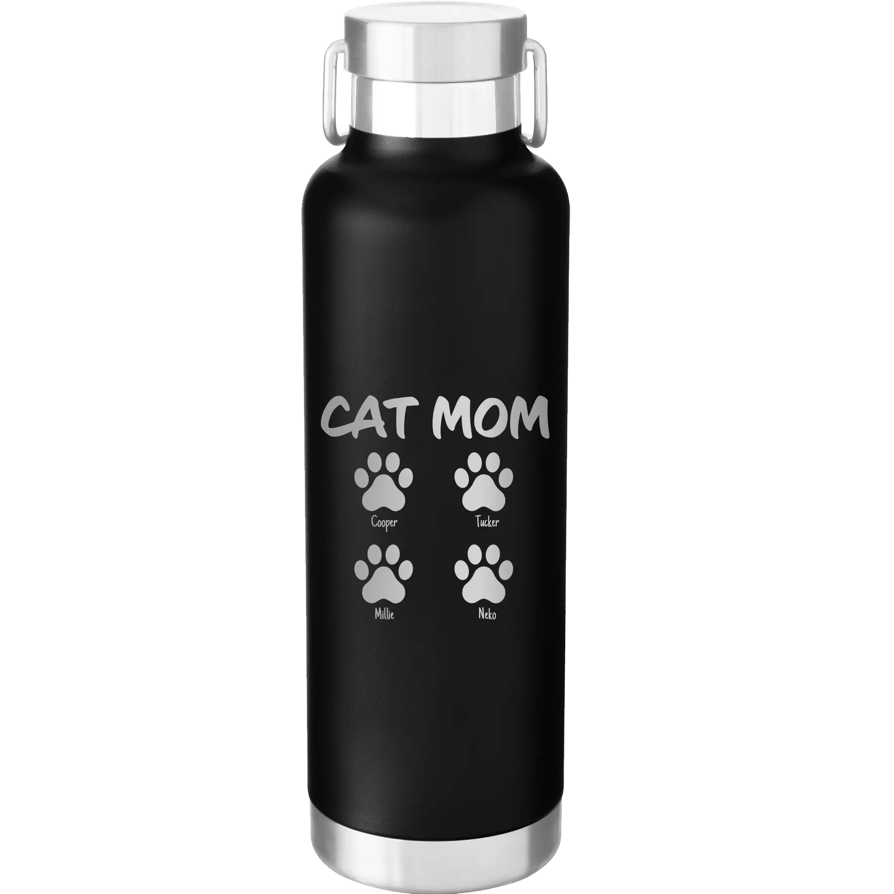 Personalized black 24 oz vacuum insulated water bottle with 'Cat Dog Mom Dad 4 paws' design