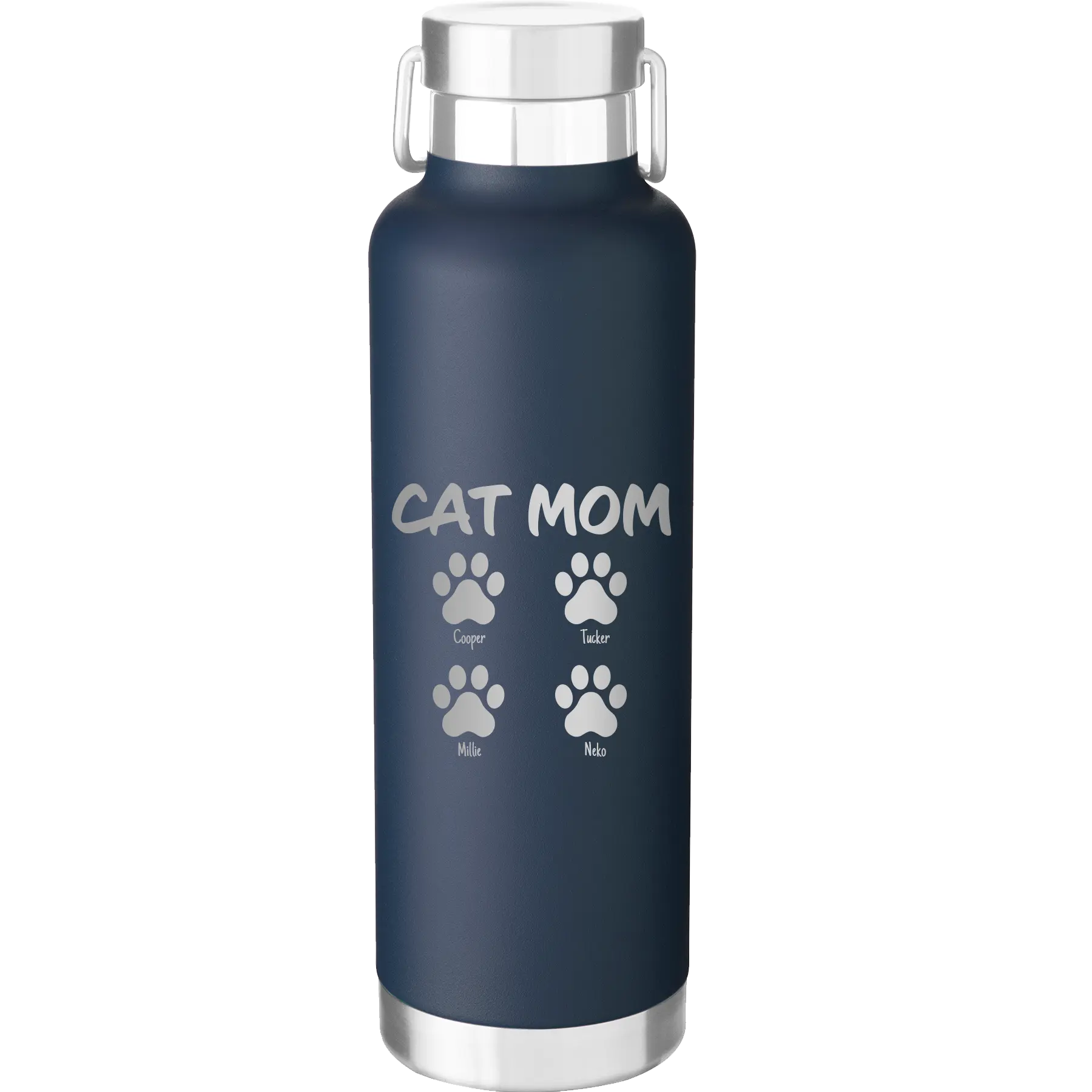 Personalized navy 24 oz vacuum insulated water bottle with 'Cat Dog Mom Dad 4 paws' design