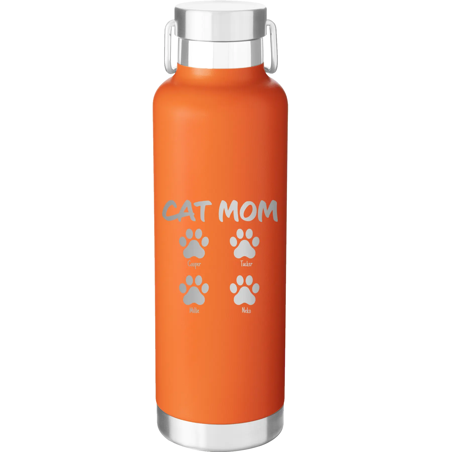 Personalized orange 24 oz vacuum insulated water bottle with 'Cat Dog Mom Dad 4 paws' design