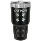 Personalized black 30 oz vacuum insulated tumbler with 'Cat Dog Mom Dad 4 paws' design