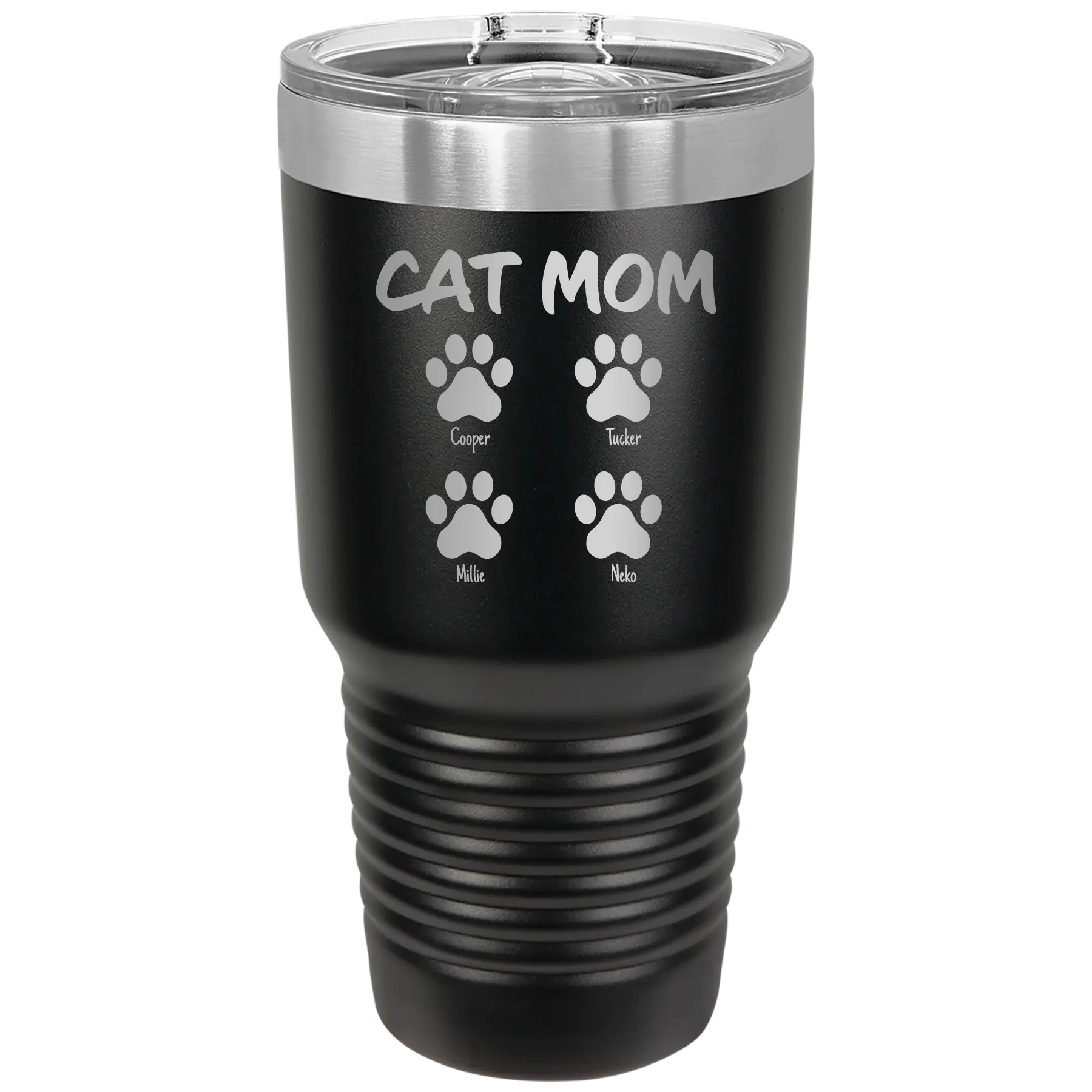 Personalized black 30 oz vacuum insulated tumbler with 'Cat Dog Mom Dad 4 paws' design