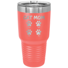 Personalized coral 30 oz vacuum insulated tumbler with 'Cat Dog Mom Dad 4 paws' design