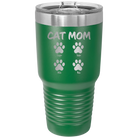 Personalized green 30 oz vacuum insulated tumbler with 'Cat Dog Mom Dad 4 paws' design