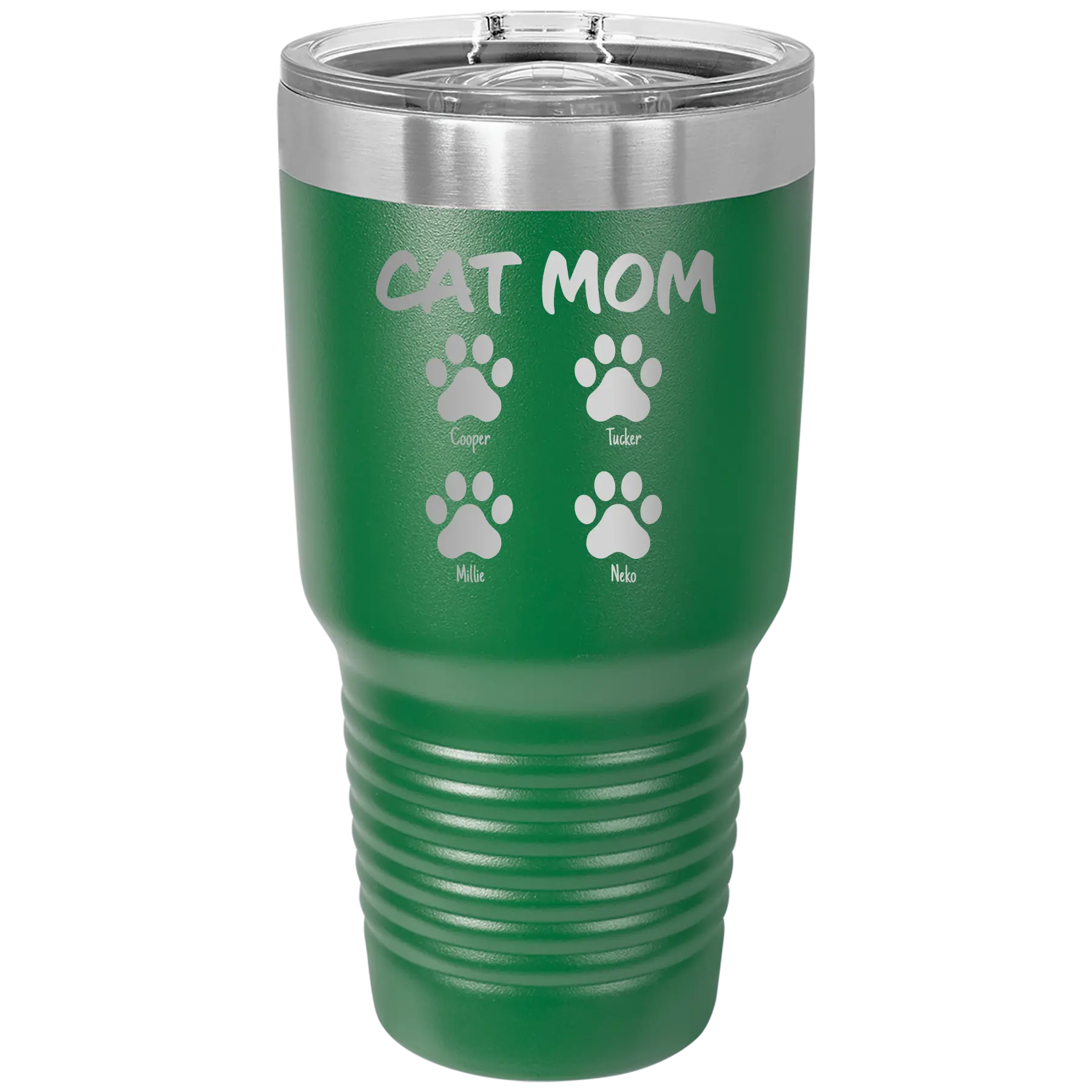 Personalized green 30 oz vacuum insulated tumbler with 'Cat Dog Mom Dad 4 paws' design