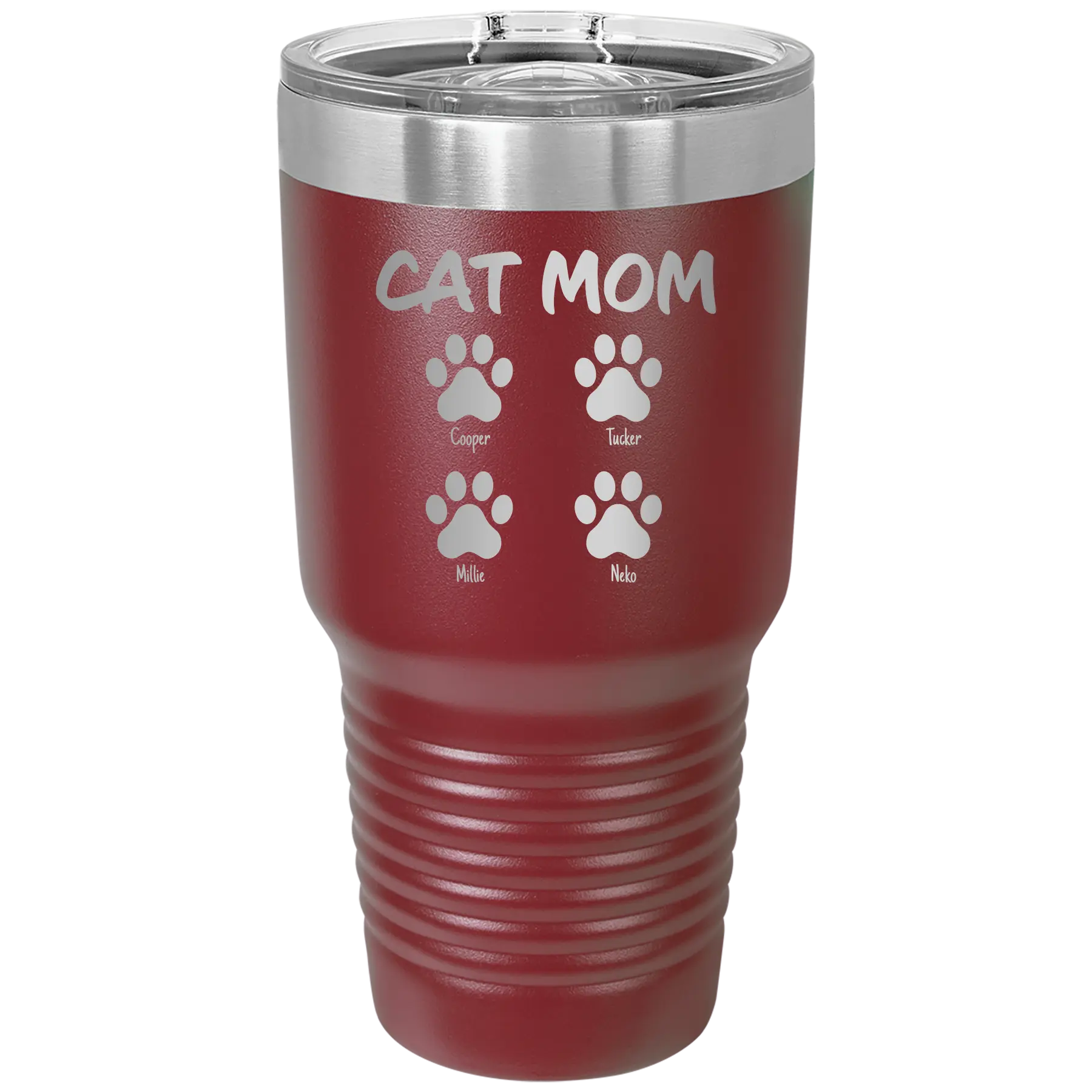 Personalized maroon 30 oz vacuum insulated tumbler with 'Cat Dog Mom Dad 4 paws' design