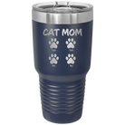Personalized navy 30 oz vacuum insulated tumbler with 'Cat Dog Mom Dad 4 paws' design