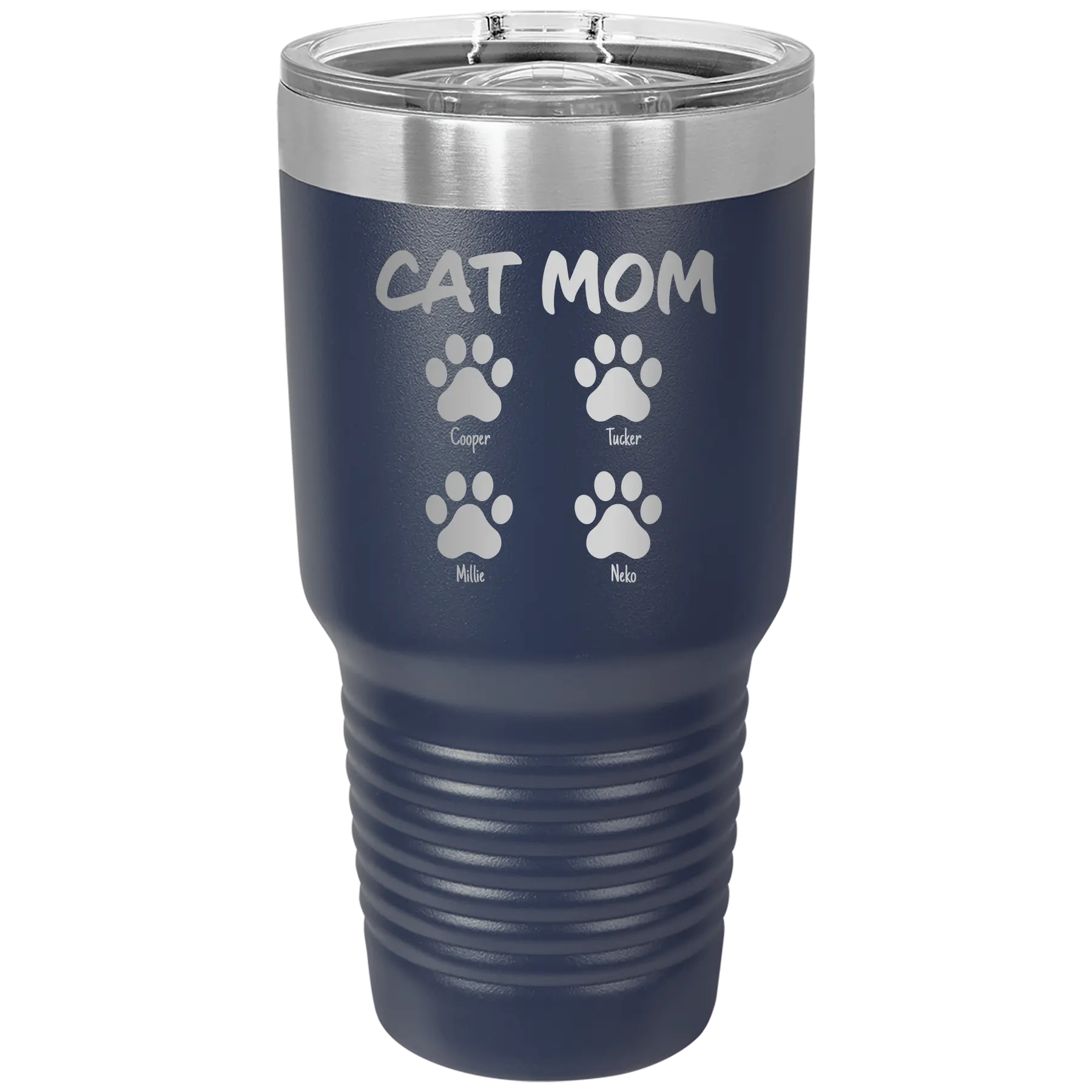 Personalized navy 30 oz vacuum insulated tumbler with 'Cat Dog Mom Dad 4 paws' design