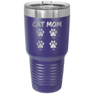 Personalized purple 30 oz vacuum insulated tumbler with 'Cat Dog Mom Dad 4 paws' design