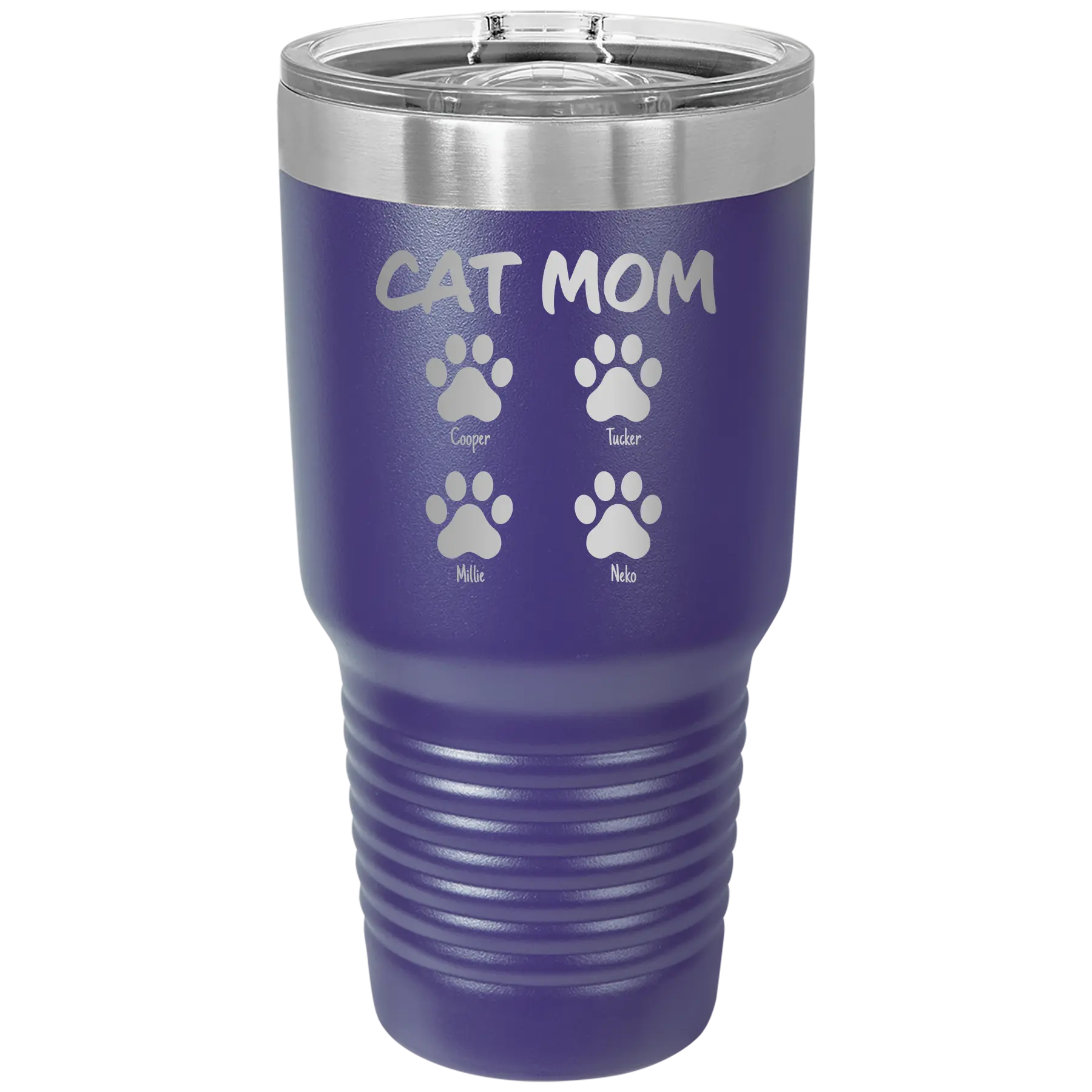 Personalized purple 30 oz vacuum insulated tumbler with 'Cat Dog Mom Dad 4 paws' design