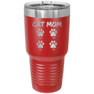 Personalized red 30 oz vacuum insulated tumbler with 'Cat Dog Mom Dad 4 paws' design