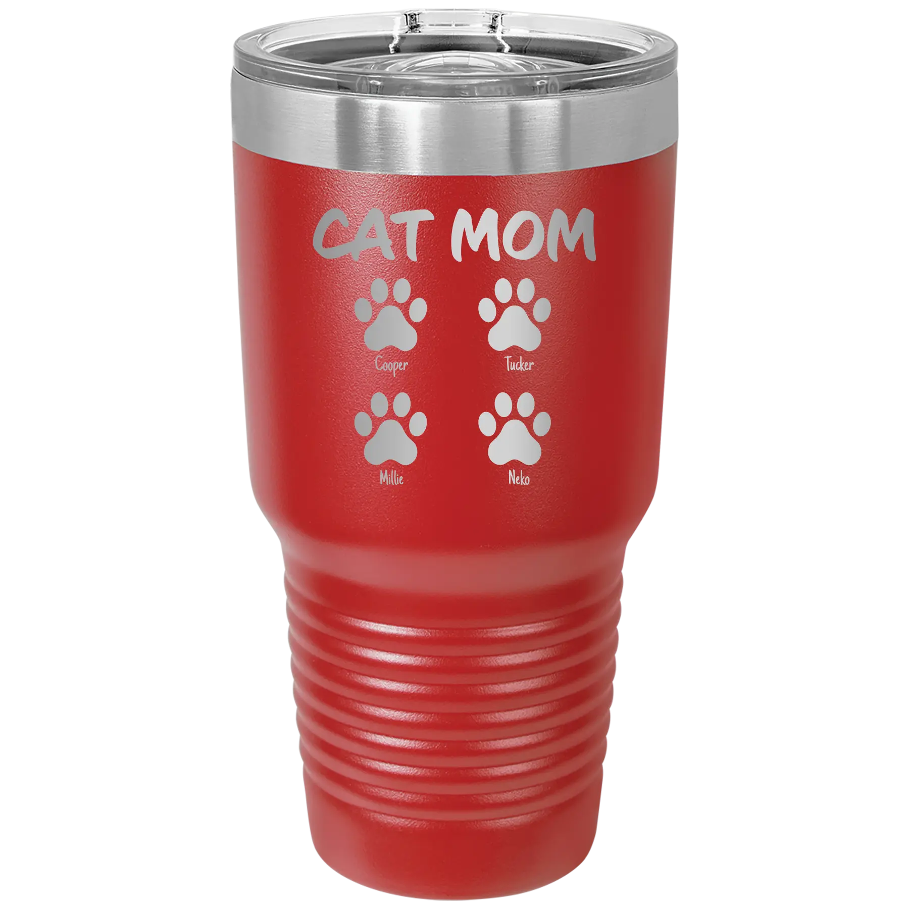 Personalized red 30 oz vacuum insulated tumbler with 'Cat Dog Mom Dad 4 paws' design