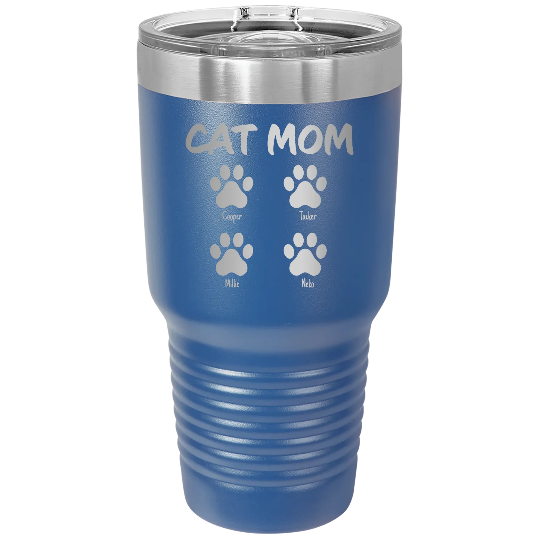 Personalized royal blue 30 oz vacuum insulated tumbler with 'Cat Dog Mom Dad 4 paws' design