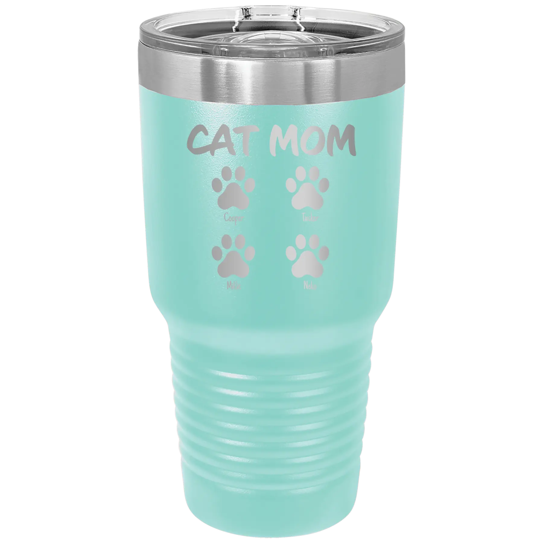 Personalized teal 30 oz vacuum insulated tumbler with 'Cat Dog Mom Dad 4 paws' design