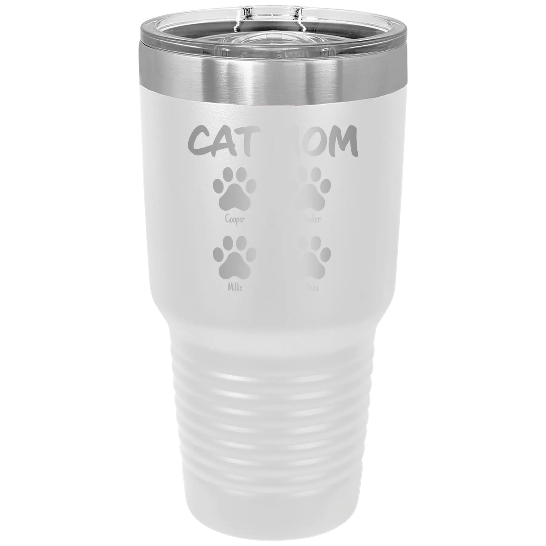 Personalized white 30 oz vacuum insulated tumbler with 'Cat Dog Mom Dad 4 paws' design