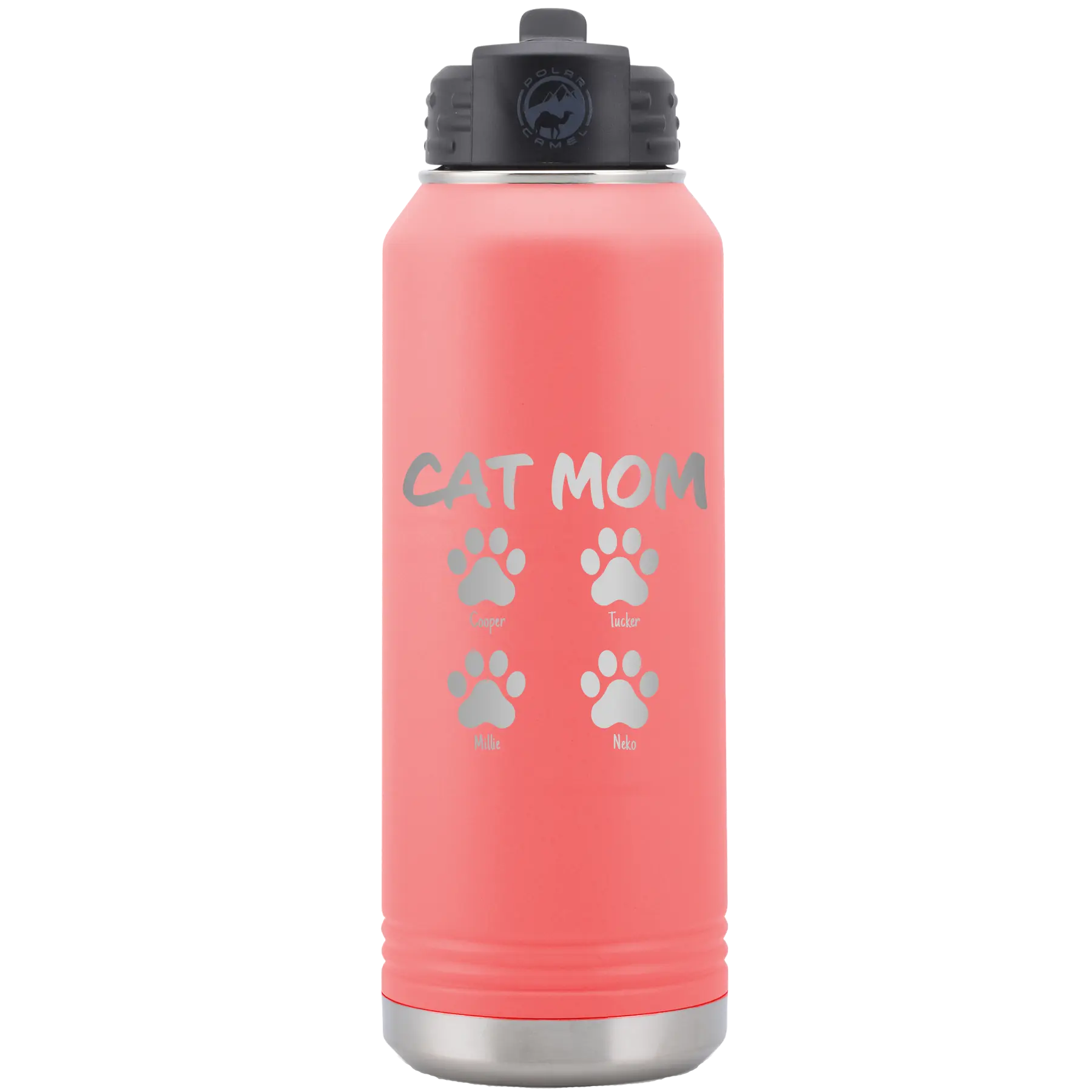 Personalized coral 32 oz vacuum insulated water bottle with 'Cat Dog Mom Dad 4 paws' design