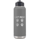 Personalized dark gray 32 oz vacuum insulated water bottle with 'Cat Dog Mom Dad 4 paws' design