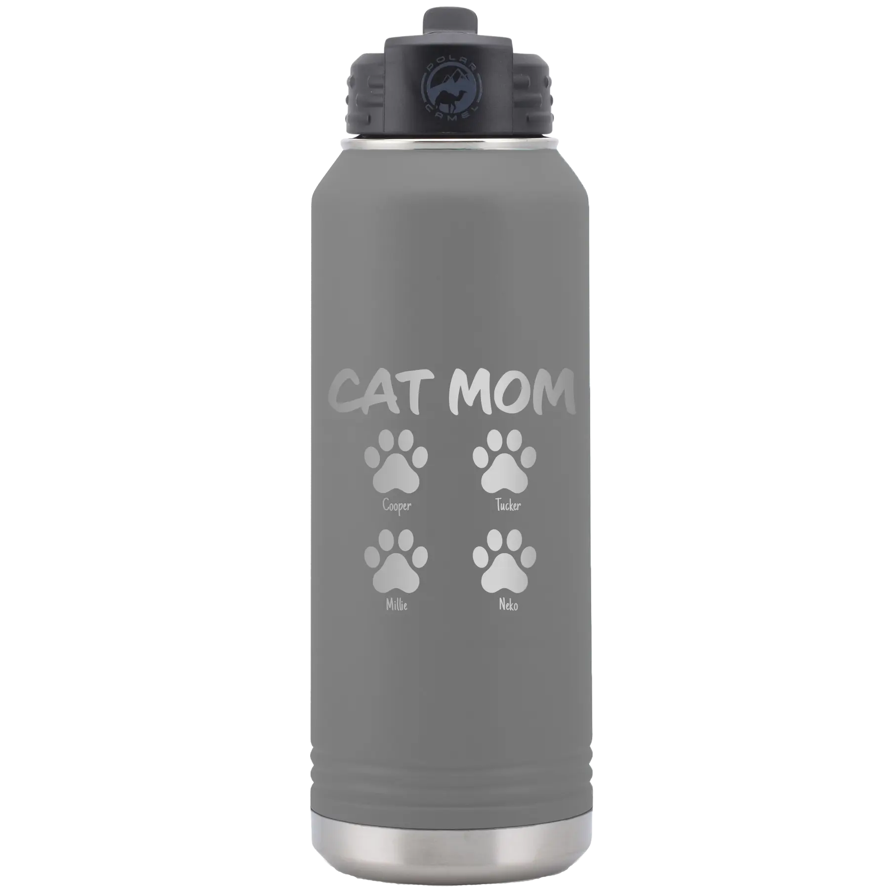 Personalized dark gray 32 oz vacuum insulated water bottle with 'Cat Dog Mom Dad 4 paws' design