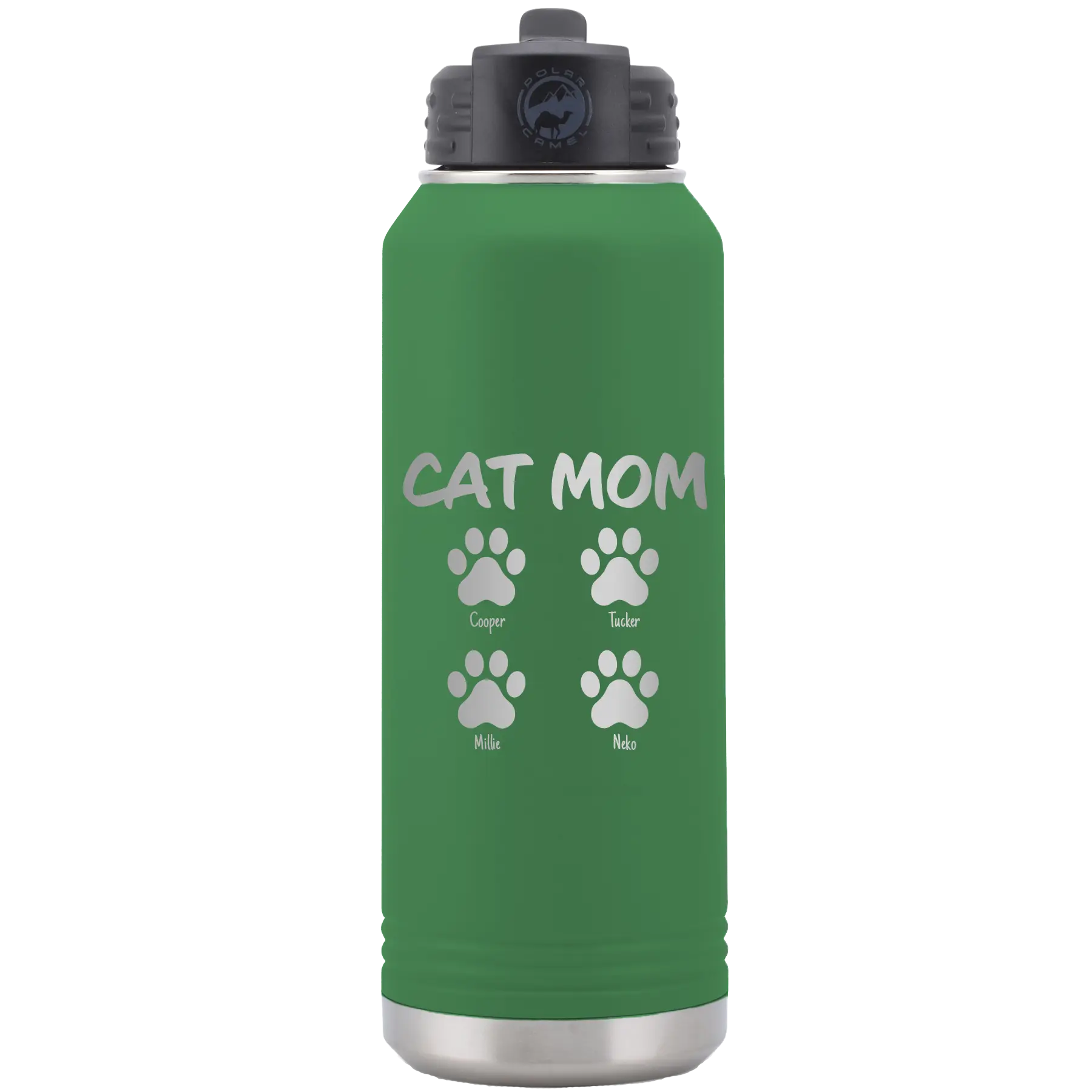 Personalized green 32 oz vacuum insulated water bottle with 'Cat Dog Mom Dad 4 paws' design